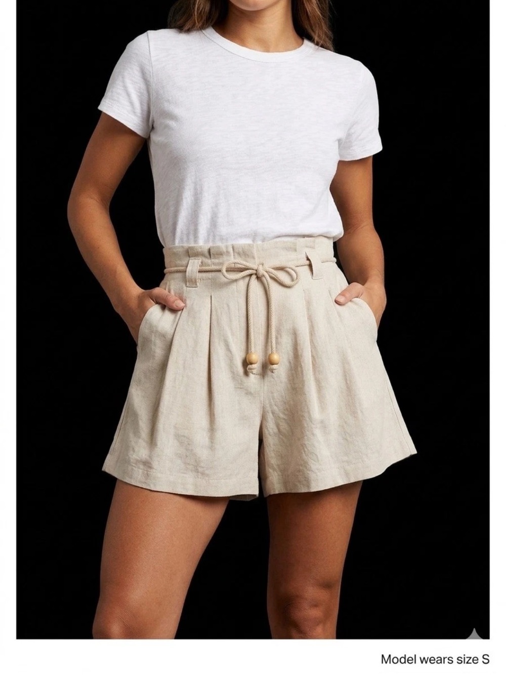 Marfinno High Waist Ecru Linen Viscose Pleated Clochard Paper Bag Shorts Sz 32